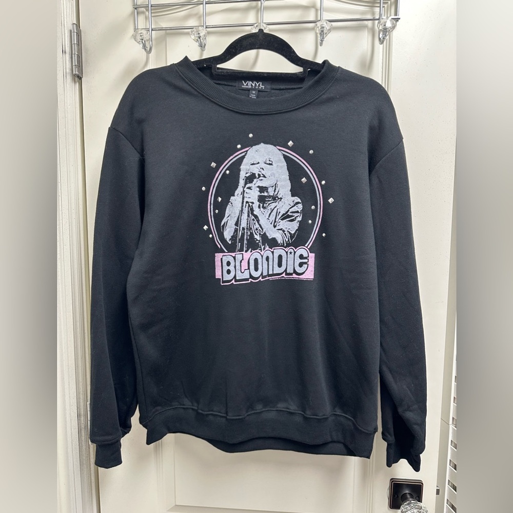 Blondie Black Pink Sweatshirt Metal Chain Fringe on Back SZ L